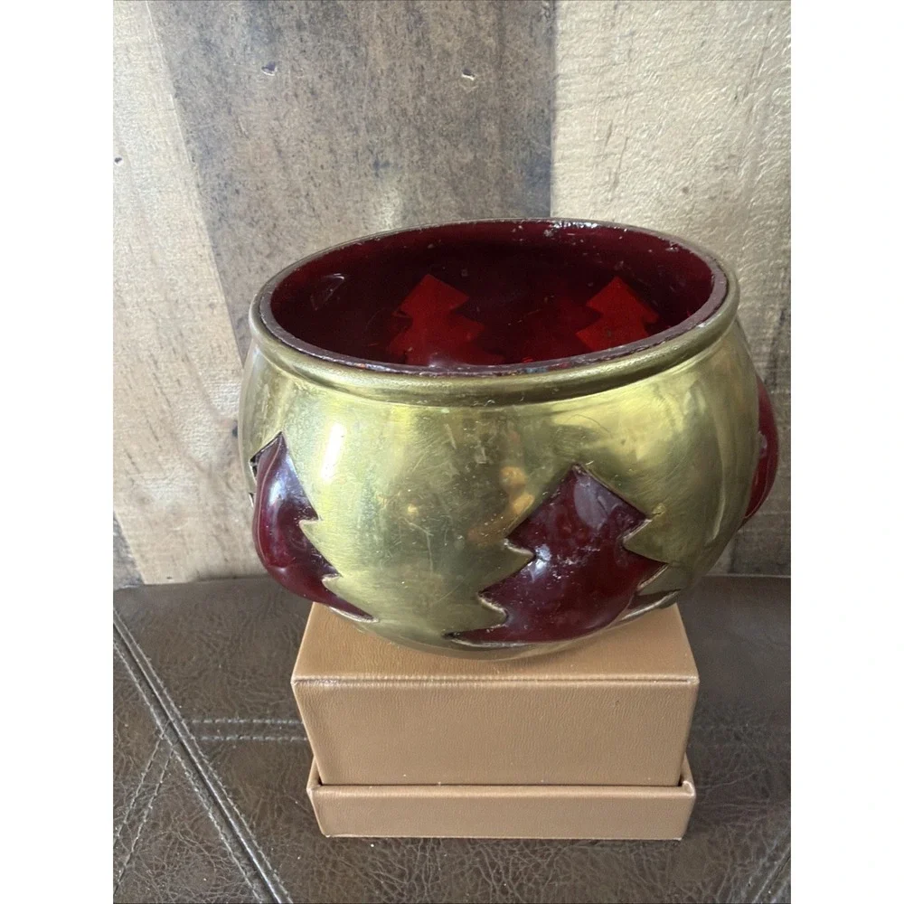 Vintage‎ Brass Ruby Red Glass Christmas Tree Votive Candle Holder Bowl 5.5